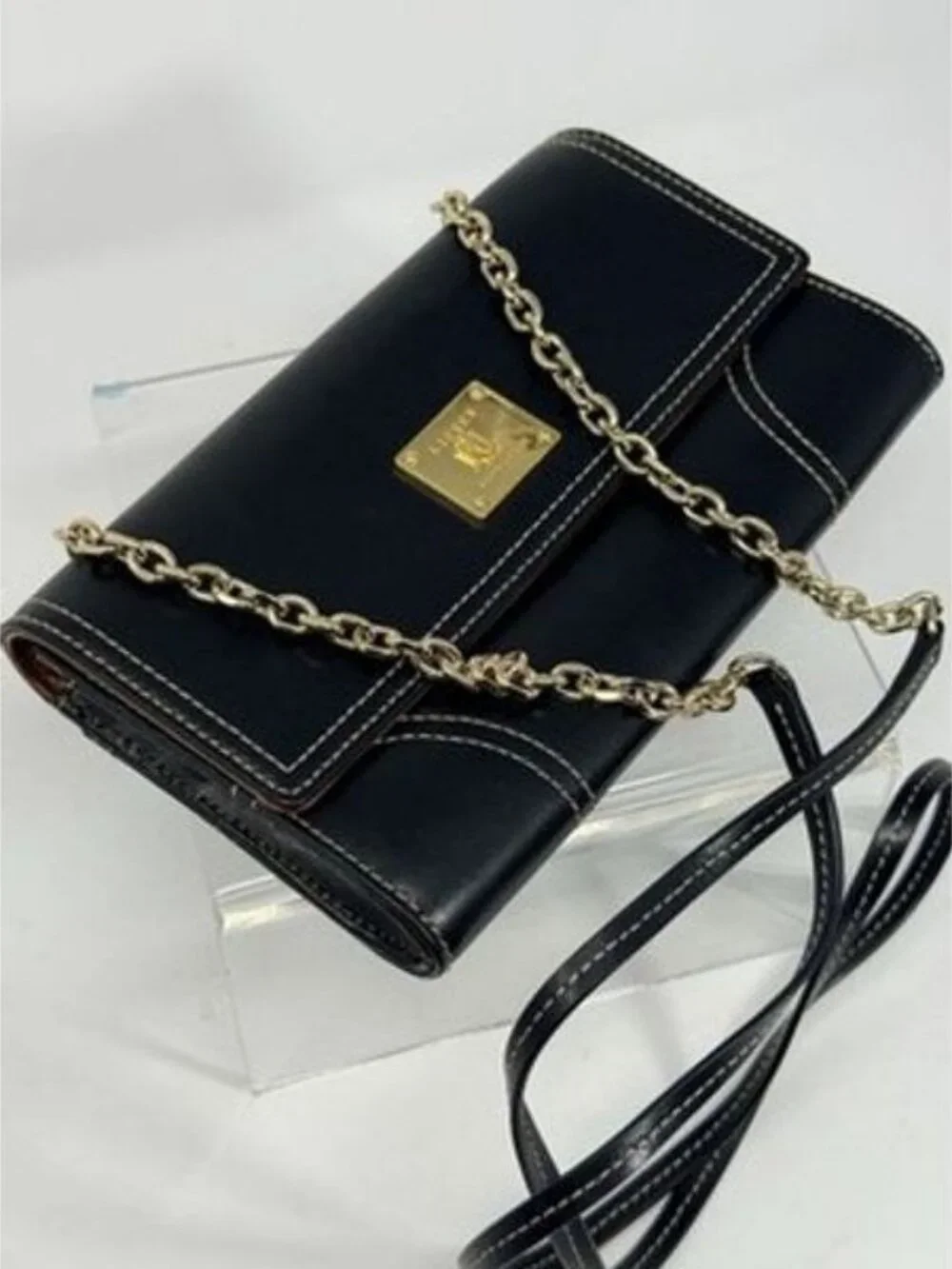 LAUREN RALPH LAUREN Clutch/Crossbody/Wallet- Black Leather CHAIN BAG Gold